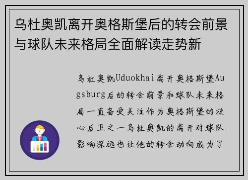 乌杜奥凯离开奥格斯堡后的转会前景与球队未来格局全面解读走势新
